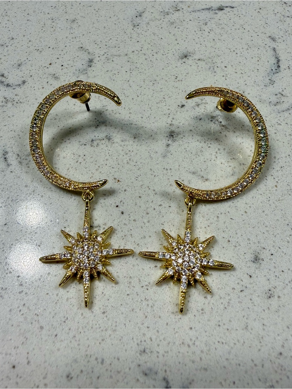 Gold Moon & Star Dangle Earrings - Elegant Sparkling Drop